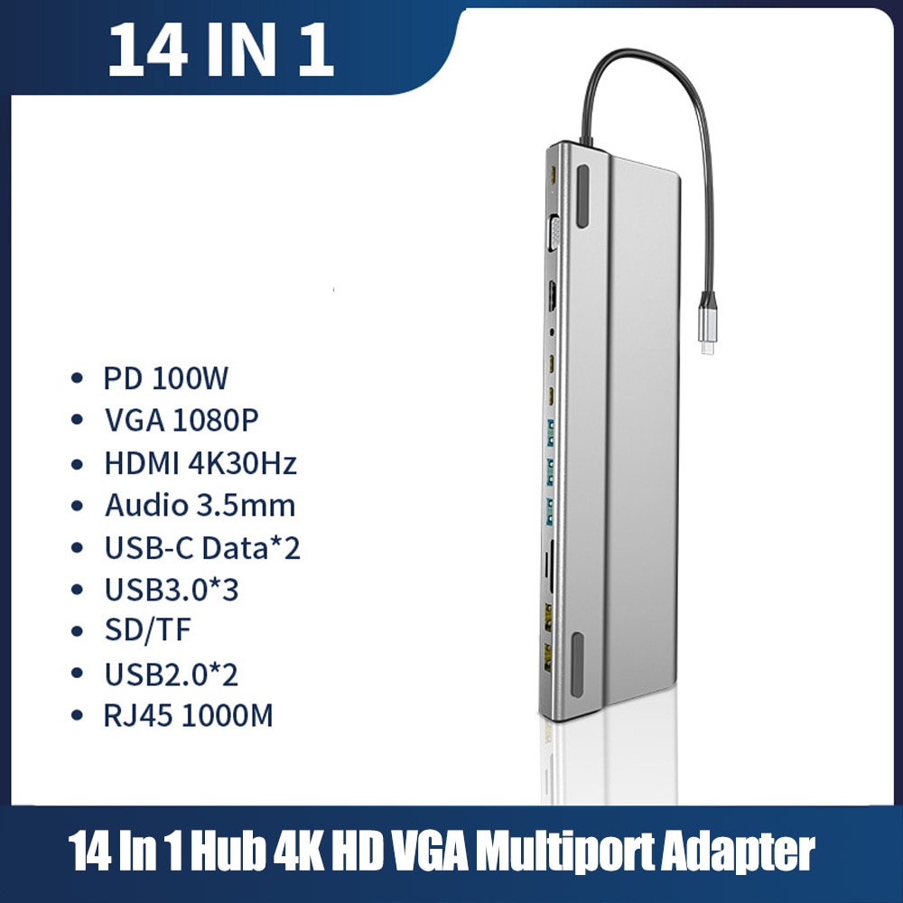 노트북 USB C 도킹 스테이션, C타입 USB 3.1 HDMI 네트워크 포트, 3.5 오디오 VGA 컴퓨터 허브, 맥북 PC 휴대폰 태블릿용, 14 인 1